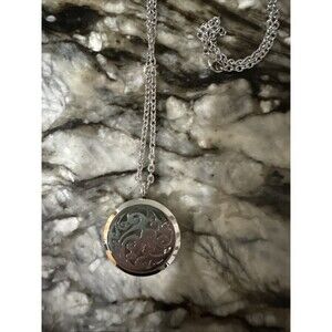 Round Silver-Tone Locket Pendant With Scroll Pattern Hinged Opening